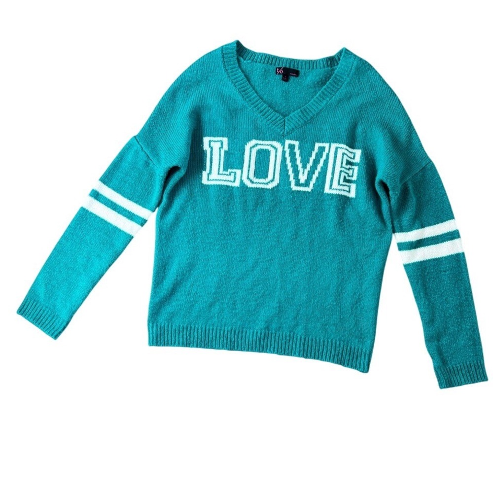 t/o Y2K Teal Retro V-Neck Love Knit Sweater Women's Small